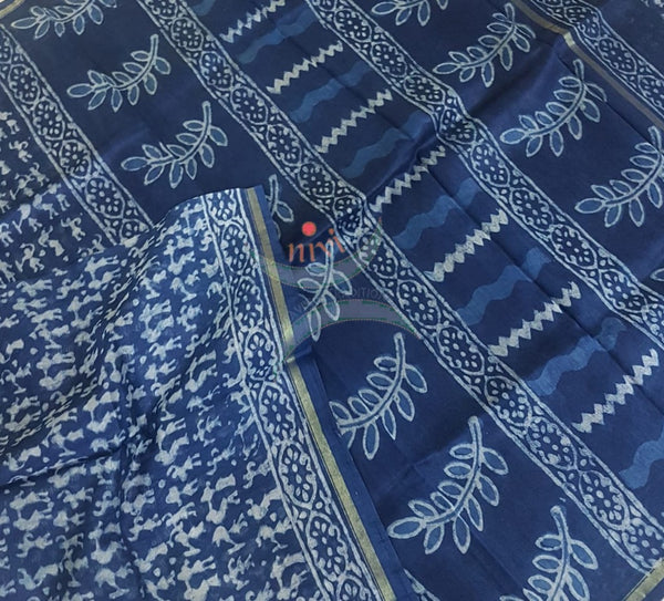 Indigo handloom chanderi saree with warli block print motif