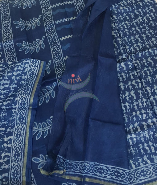 Indigo handloom chanderi saree with warli block print motif