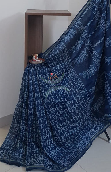 Indigo handloom chanderi saree with warli block print motif