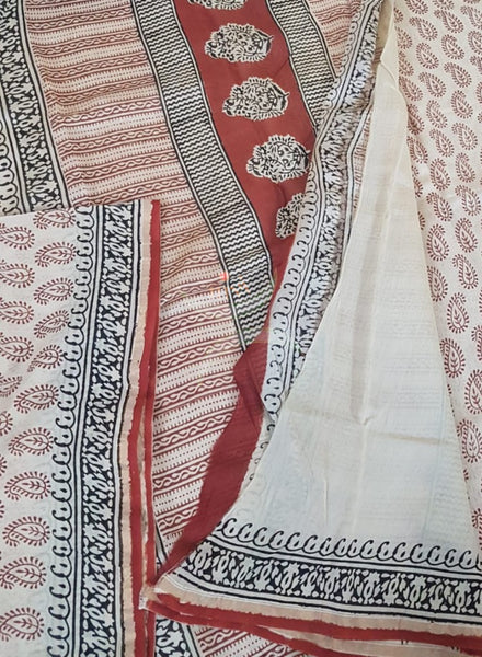 Beige and maroon handloom chanderi with bagru block print