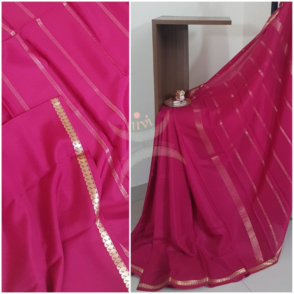 Pink 50 gms pure Silk Crepe with paisley motif fine zari border. Saree comes with pure pink crepe blouse.