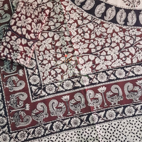Handloom cotton kalamkari printed double size bedsheet.