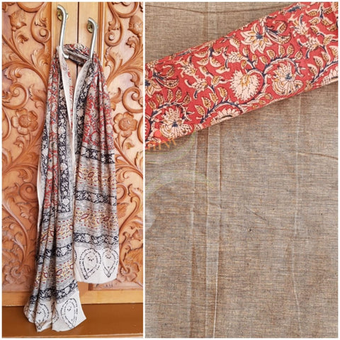 Handloom cotton mangalgiri top with kalamkari block printed bottom and dupatta
