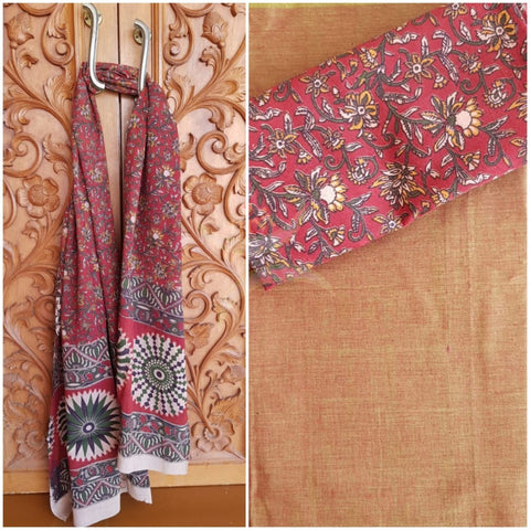 Handloom cotton mangalgiri top with kalamkari block printed bottom and dupatta