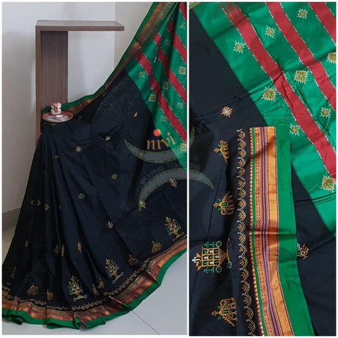 Black silk cotton ilkals with machine kasuti embroidery