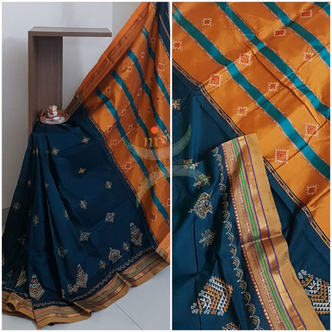 Teal blue silk cotton ilkals with machine kasuti embroidery