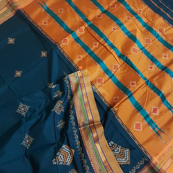 Teal blue silk cotton ilkals with machine kasuti embroidery