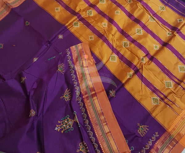 Purple silk cotton ilkals with machine kasuti embroidery