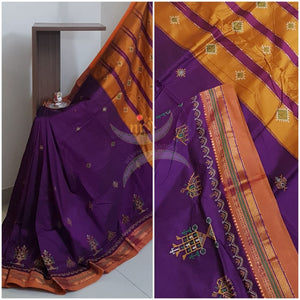 Purple silk cotton ilkals with machine kasuti embroidery