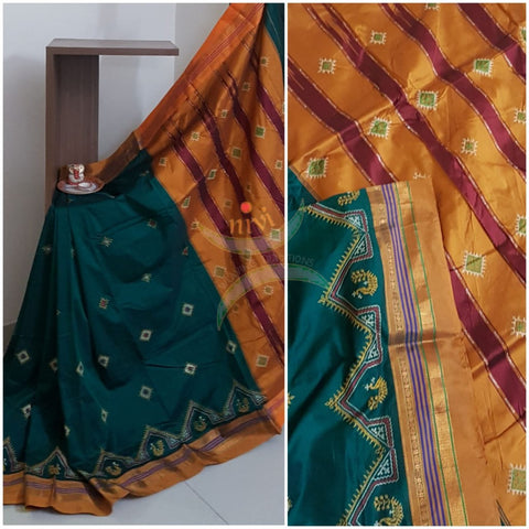 Teal green silk cotton ilkals with machine kasuti embroidery