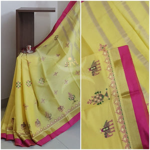 Yellow kota cotton with traditional anne ambari motif kasuti embroidery