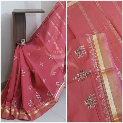 Peach kota cotton with traditional anne ambari motif kasuti embroidery