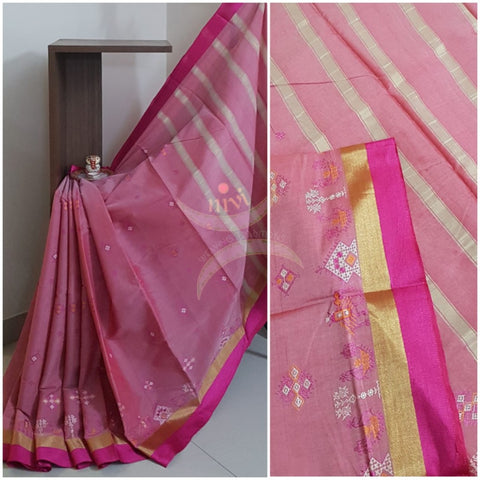 Peach kota cotton with traditional anne ambari gopura motif kasuti embroidery