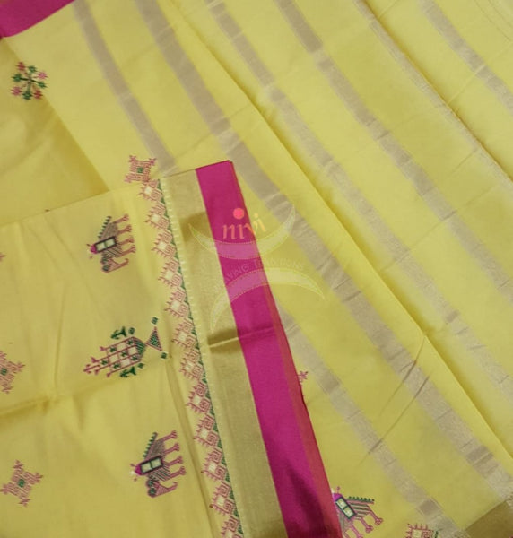 Yellow kota cotton with traditional anne ambari motif kasuti embroidery