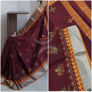 Maroon kota cotton with traditional anne ambari motif kasuti embroidery