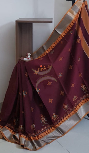 Maroon kota cotton with traditional anne ambari motif kasuti embroidery