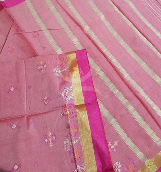 Peach kota cotton with traditional anne ambari gopura motif kasuti embroidery