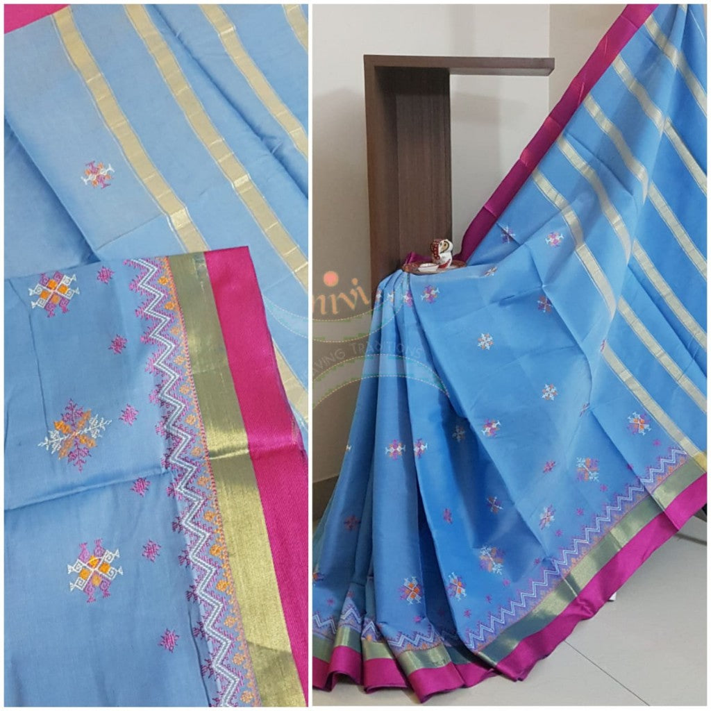 Blue kota cotton with traditional motif kasuti embroidery