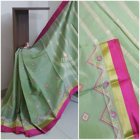 Pista green kota cotton with traditional peacock motif kasuti embroidery