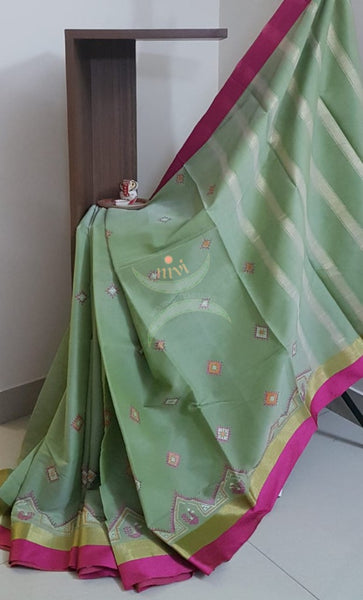 Pista green kota cotton with traditional peacock motif kasuti embroidery