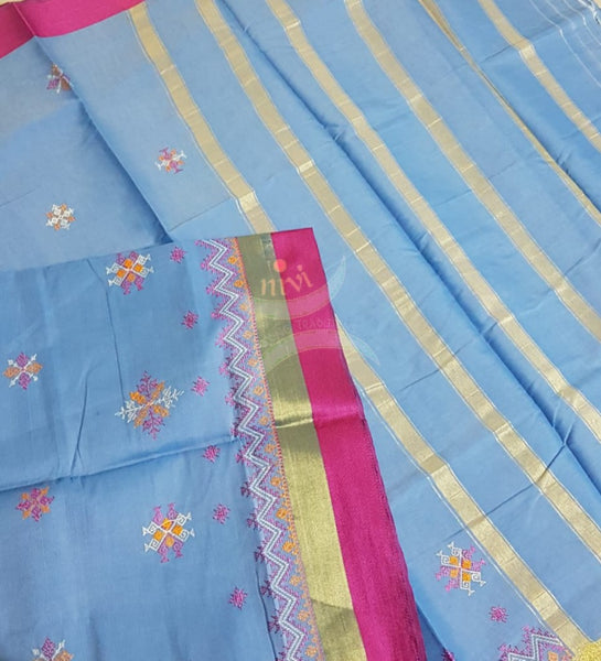 Blue kota cotton with traditional motif kasuti embroidery