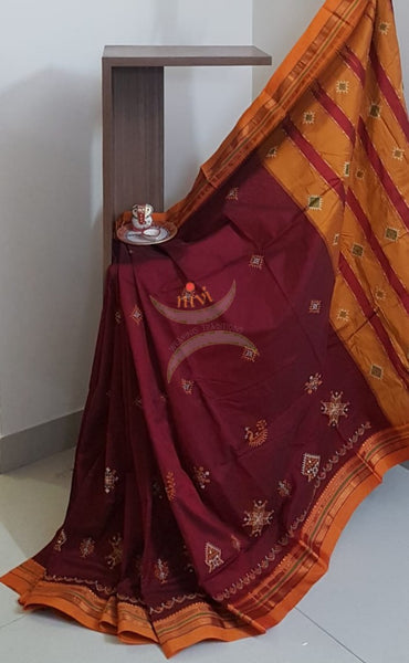 Maroon red silk cotton ilkals with machine kasuti embroidery