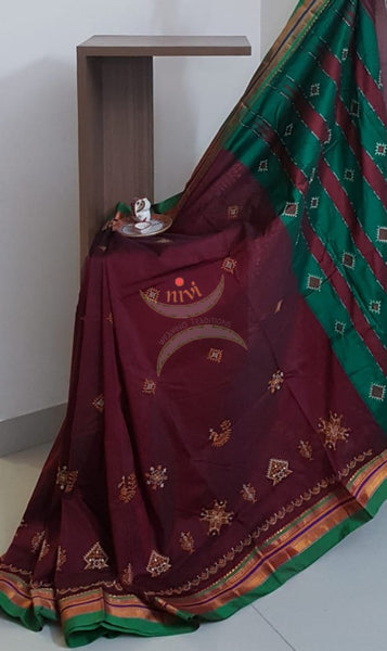 Maroon silk cotton ilkals with machine kasuti embroidery
