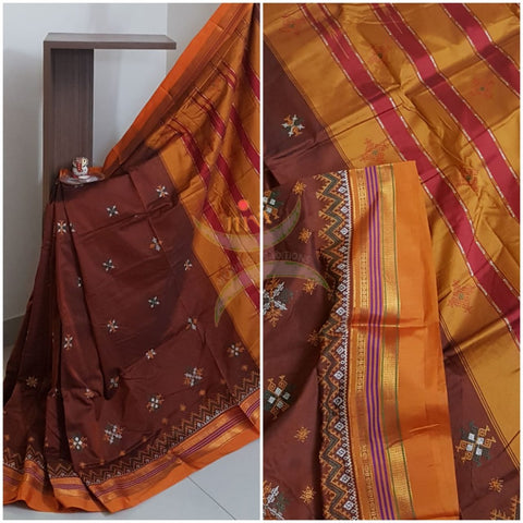 Mud brown silk cotton ilkals with machine kasuti embroidery