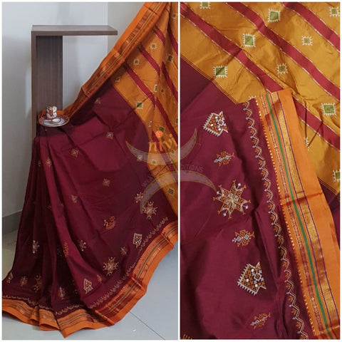 Maroon red silk cotton ilkals with machine kasuti embroidery