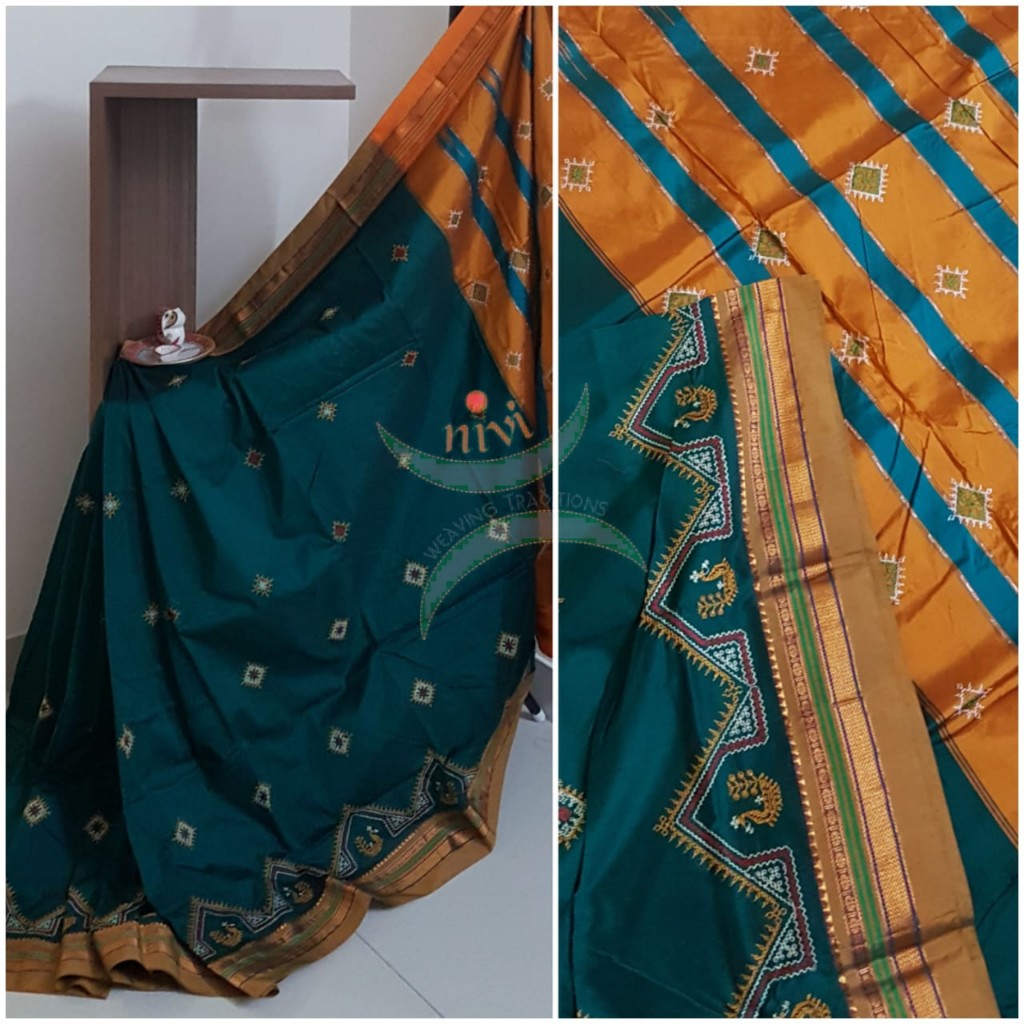 Teal green silk cotton ilkals with machine kasuti embroidery