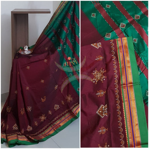 Maroon silk cotton ilkals with machine kasuti embroidery