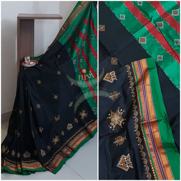 Black silk cotton ilkals with machine kasuti embroidery