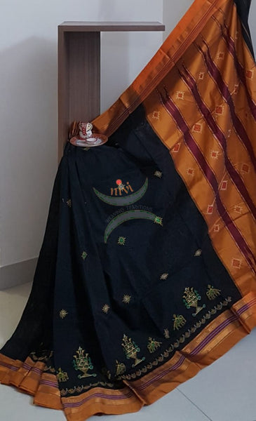 Black silk cotton ilkals with machine kasuti embroidery