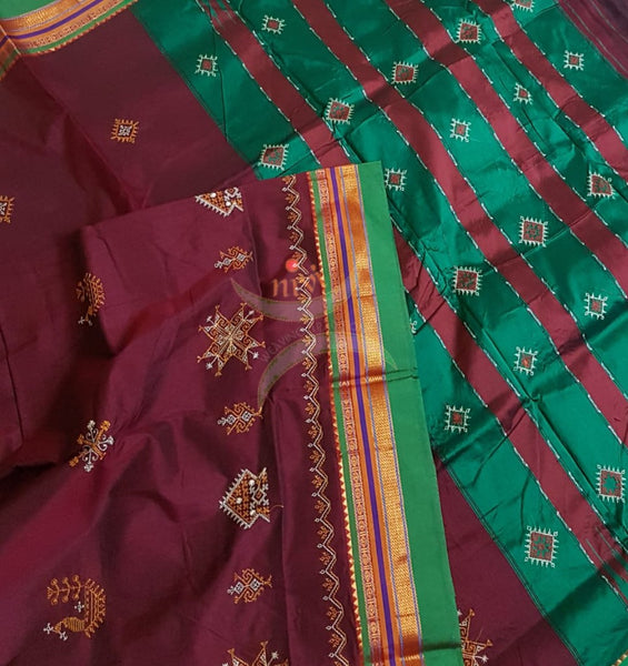 Maroon silk cotton ilkals with machine kasuti embroidery