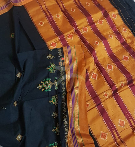 Black silk cotton ilkals with machine kasuti embroidery