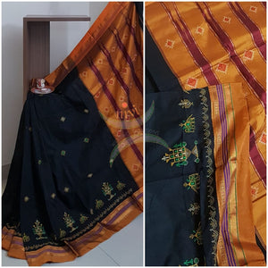 Black silk cotton ilkals with machine kasuti embroidery