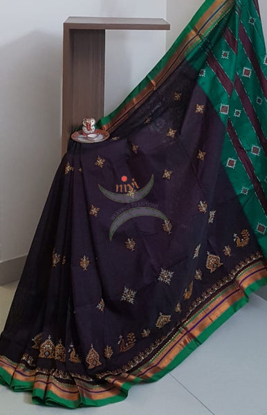 Brown silk cotton ilkals with machine kasuti embroidery