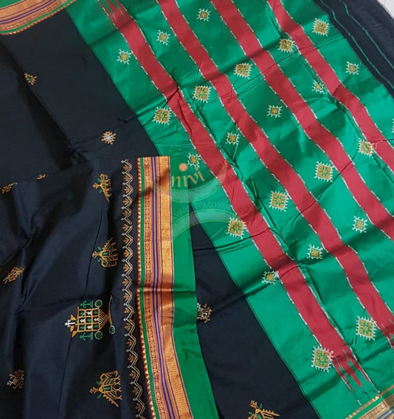 Black silk cotton ilkals with machine kasuti embroidery