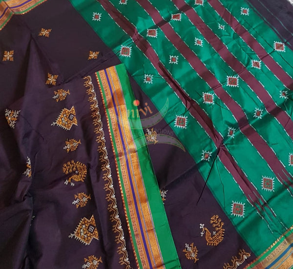Brown silk cotton ilkals with machine kasuti embroidery