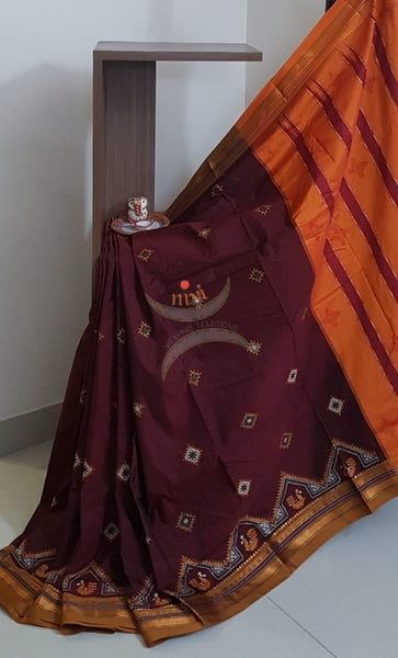 Maroon silk cotton ilkals with machine kasuti embroidery