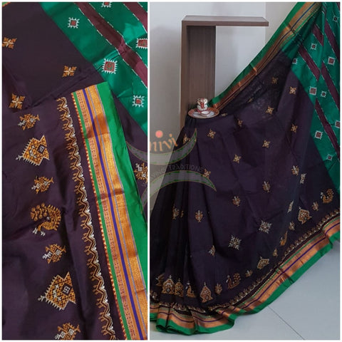 Brown silk cotton ilkals with machine kasuti embroidery