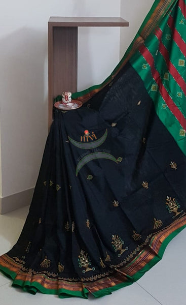 Black silk cotton ilkals with machine kasuti embroidery