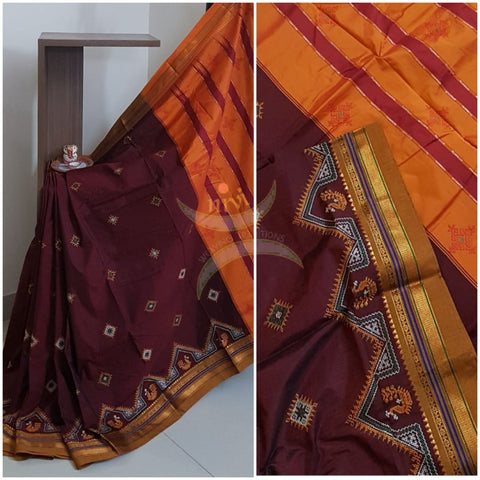 Maroon silk cotton ilkals with machine kasuti embroidery