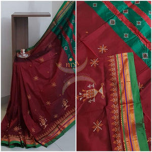 Maroon silk cotton ilkals with machine kasuti embroidery