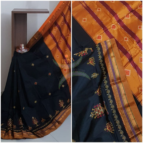 Black silk cotton ilkals with machine kasuti embroidery