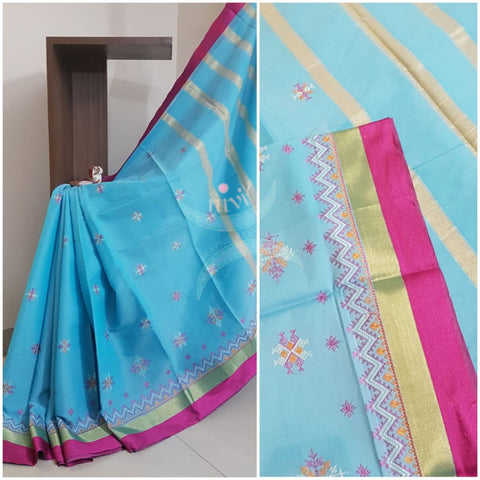 Blue kota cotton with traditional motif kasuti embroidery