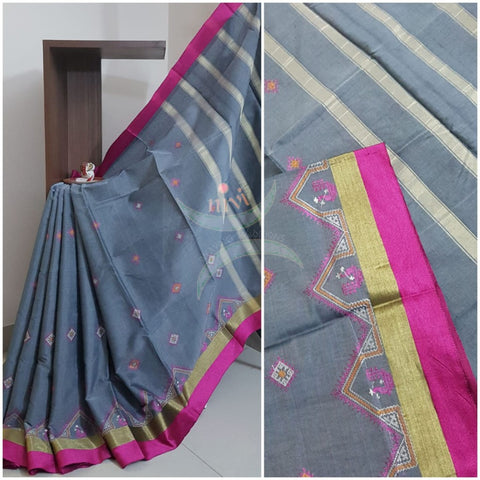 Grey kota cotton with traditional peacock motif kasuti embroidery