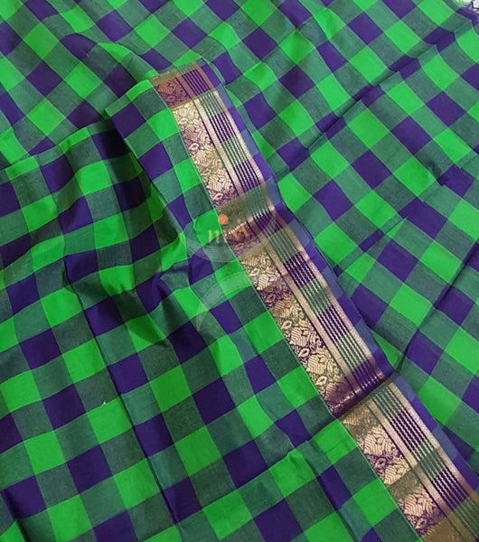 Blue with green South cotton chequared duppata with traditional zari border
