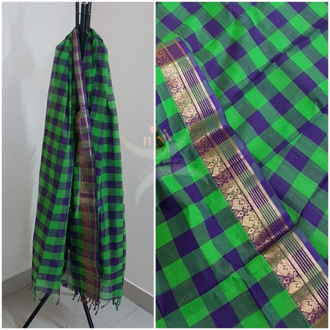 Blue with green South cotton chequared duppata with traditional zari border