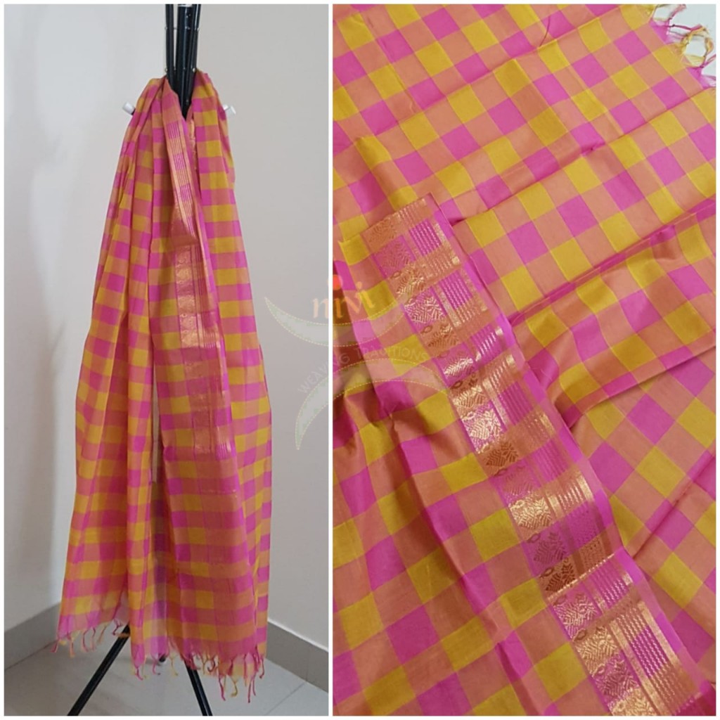 Pink with yellow South cotton chequared duppata with traditional zari border